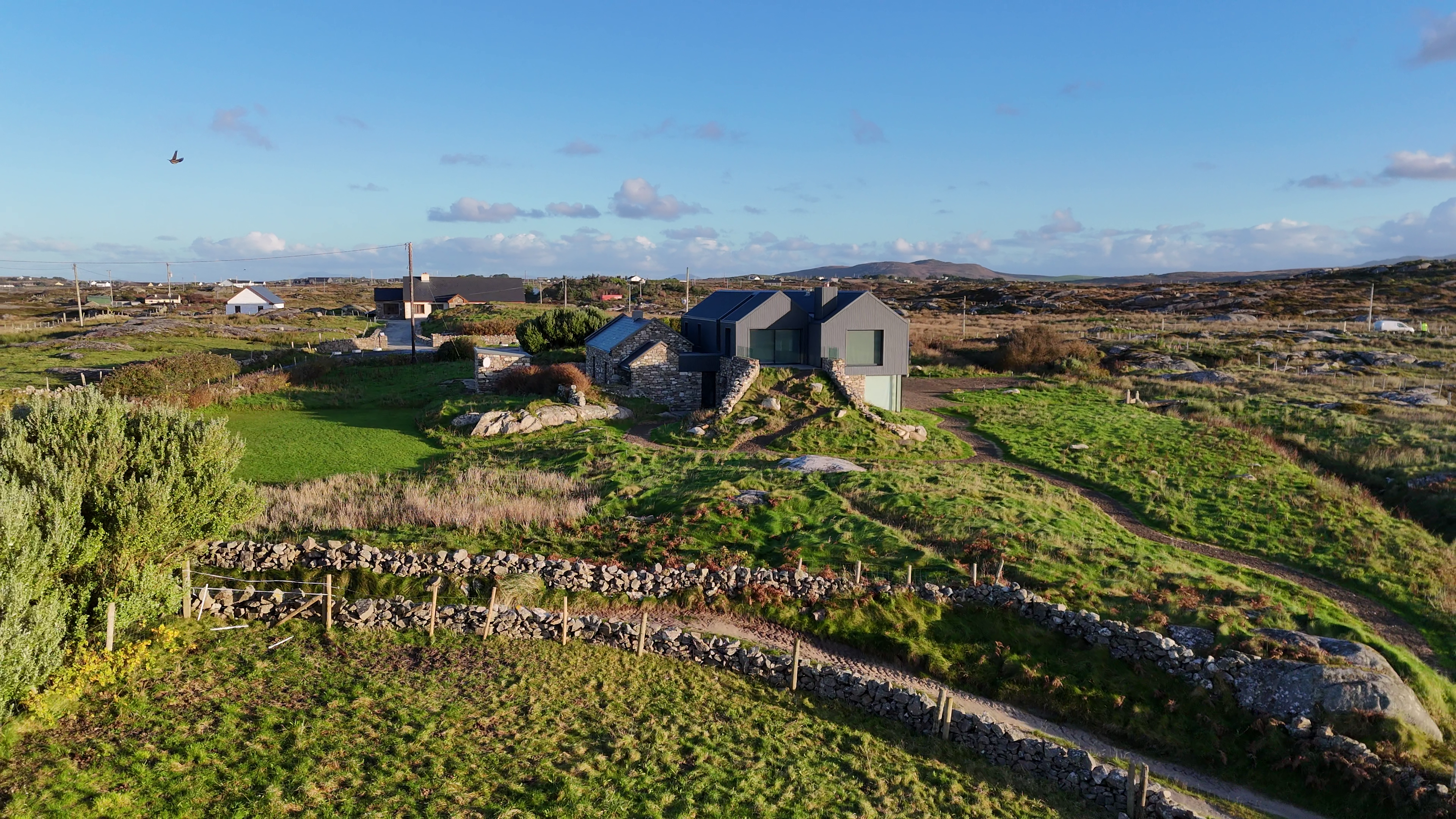 Drone shot of the repurposed cottage at Connemara