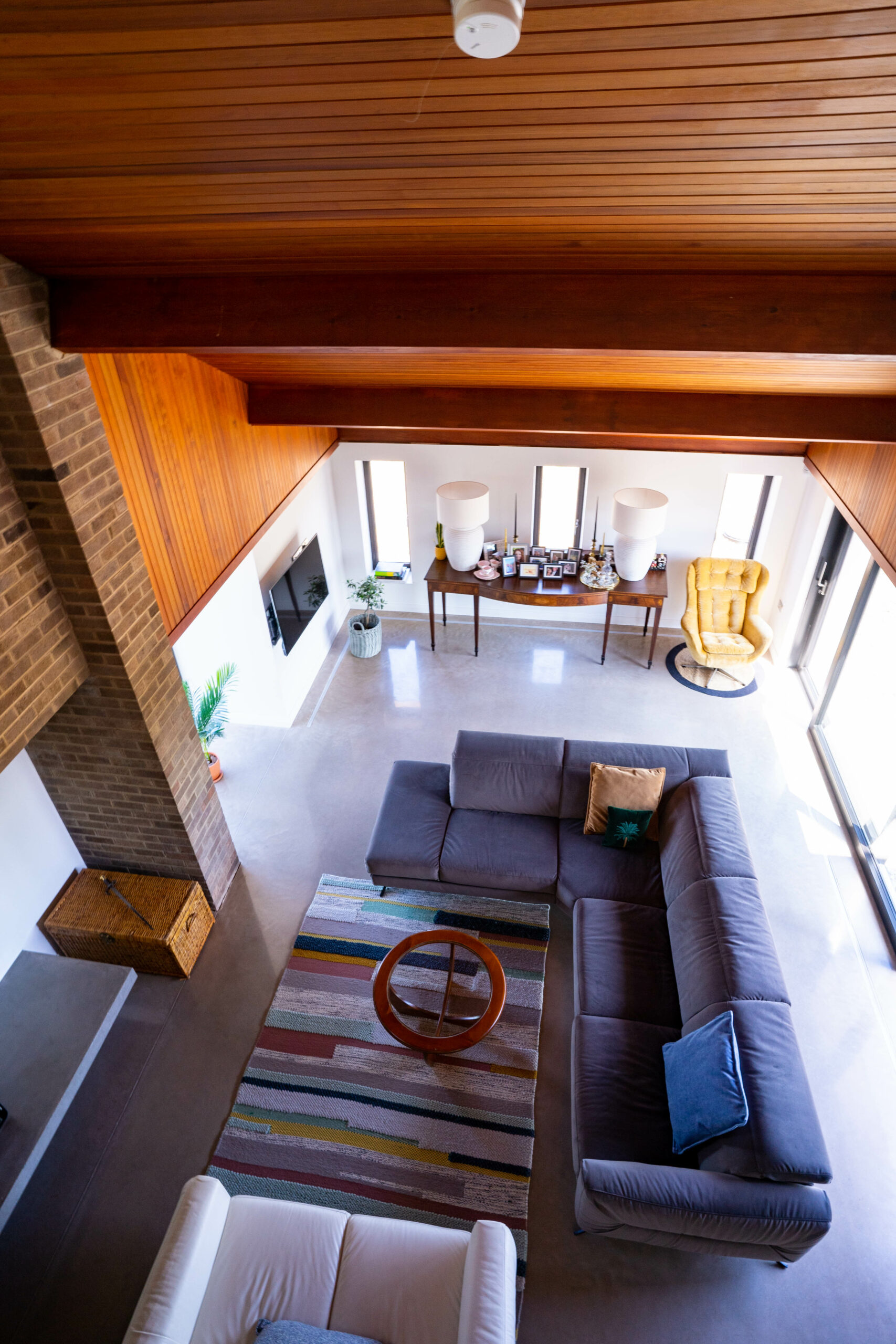 View from upper storey to the living and dining area